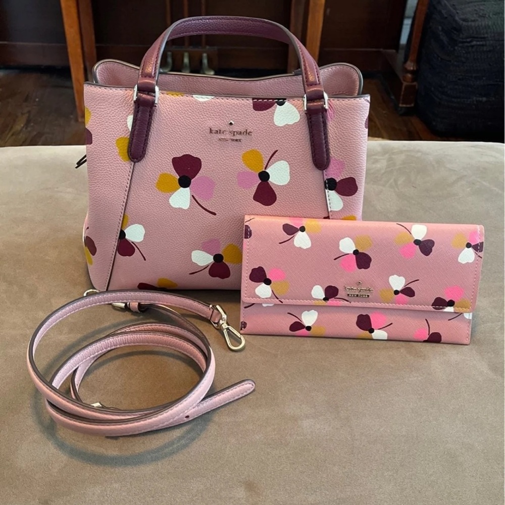 Kate Spade like new dusty pink with flowers bag with matching wallet
